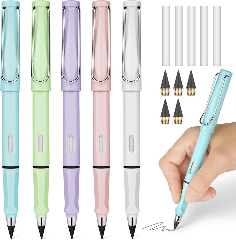 Ainiv Inkless Pencil with Eraser, 5 Sets Infinity Pencil Everlasting Pencil, Reusable Infinite Pencil with Extra 5 Eraser & 5 Replaceable Nibs, Endless Pencil for Home Office School Writing Drawing - Image 1